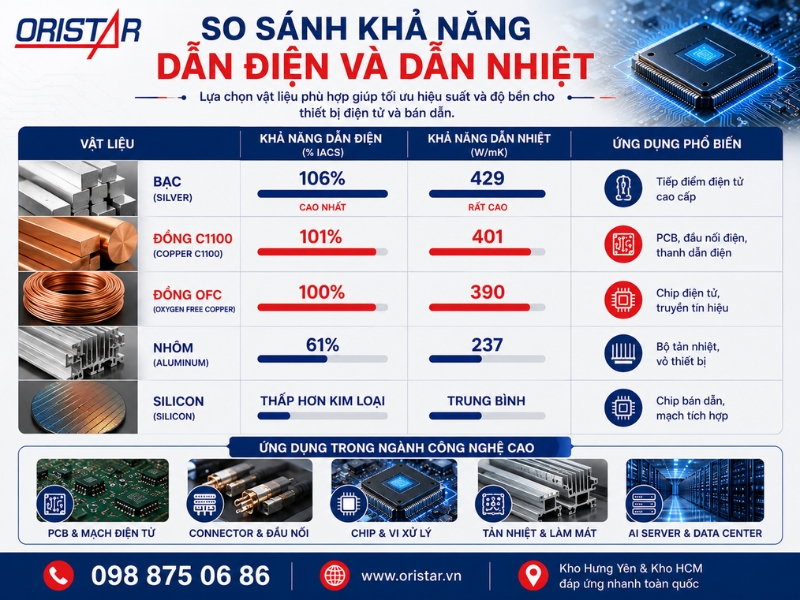 So S&aacute;nh Khả Năng Dẫn Điện V&agrave; Dẫn Nhiệt Của Một Số Vật Liệu Phổ Biến